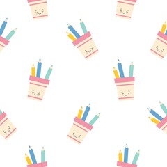 cute kawaii pencil holder character with pencils seamless pattern background. cartoon flat illustration