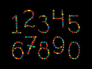 Mosaic numbers from 0 to 9. Ceramic tile texture. Easy to recolor. Vector mosaic figures on black background.