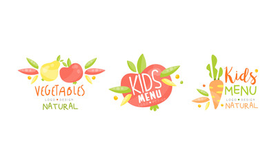 Natural Vegetables Original Logo Design Set, Kids Menu Organic Kitchen for Children Labels Hand Drawn Vector Illustration