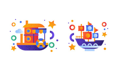 Water Transport Set, Steamboat, River Boat Icons Flat Vector Illustration