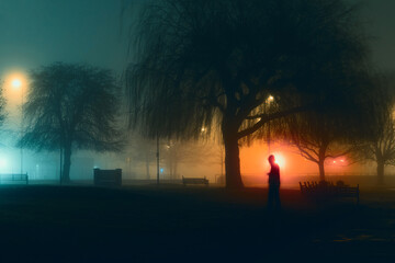 A mysterious blurred moody hooded figure silhouetted against street lights on a foggy atmospheric winters night