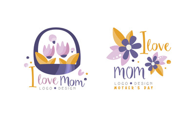 Fototapeta na wymiar I Love Mom Logo Design Set, Mothers Day Hand Drawn Labels Vector Illustration