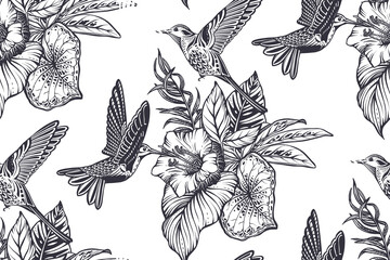 Beautiful seamless pattern with tropical flowers, hummingbird, jungle palm, monstera, exotic leaves. © natality