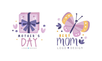 Mothers Day Logo Design Set, Best Mom Hand Drawn Labels Vector Illustration