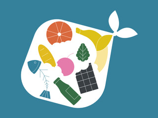 Bag full with food leftovers. Food waste, food loss concept. Illustration.  Vector.