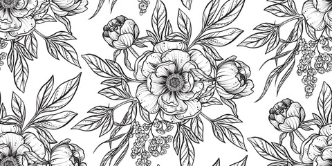 Vector floral seamless pattern. Romantic elegant endless background with hand drawn peony flowers