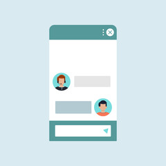 Chat bot dialoge window form simple flat design isolated. Robot chat online user support service concept. Vector illustration of talk interface chatbot robot man and customer avatar, message bubble.