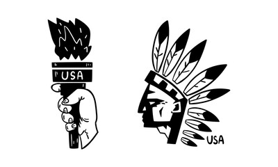 USA Logo Badges Set, American Indian and Statue of Liberty National Symbols, Patriotic or Independence Day Black Emblems, Stickers Vector Illustration