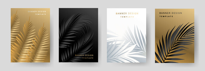 Tropical cover design set with palm branch, golden leaf print on background
