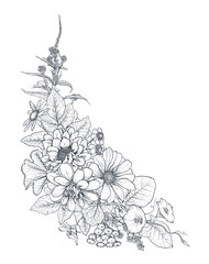 Vector floral bouquet, composition with black and white hand drawn herbs and wildflowers