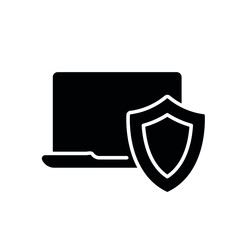 Laptop and shield glyph icon. VPN. Vector fill black illustration.