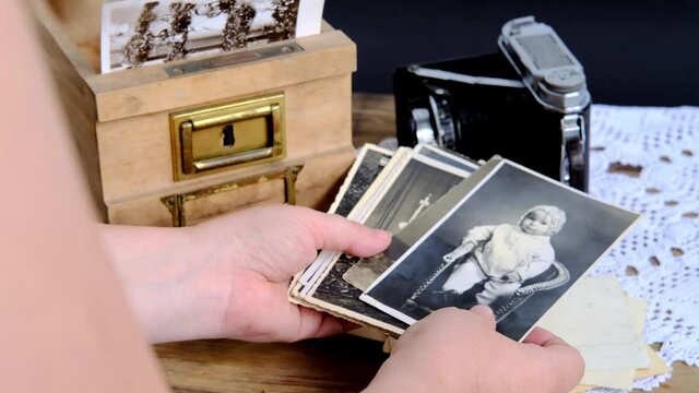 female hands going through old photos of 50s, 60s, bouquet of wildflowers, handmade lacy on table, vintage camera, concept of genealogy, memory of ancestors, family archive, family tree