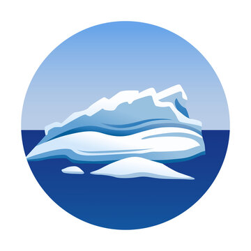 Round arctic landscape with iceberg, glacier, block of ice, snow mountain. Simple vector illustration, flat emblem, logo, icon. Antarctic and North Pole element