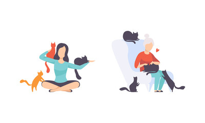 Fototapeta na wymiar Cat Owners Set, People Hugging and Petting their Pets Flat Vector Illustration