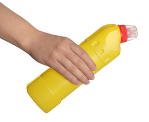 Woman holding bottle of liquid toilet cleaner on white background, closeup