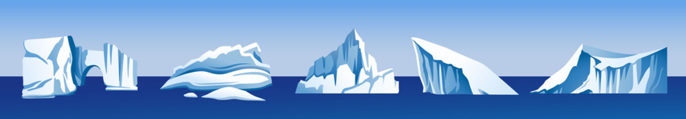 Icy cliff, snow mountain, iceberg, glacier, block of ice, floating ice rock. Arctic landscape elements. Arctic, Antarctic, North Pole. Cartoon vector illustrations, game design