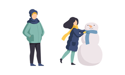 Winter Time Outdoor Activities Set, Children Wearing Winter Clothes Making Snowman Flat Vector Illustration