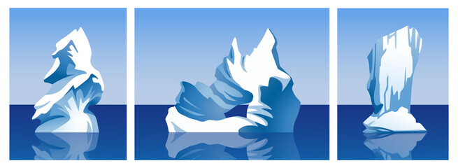 Iceberg vector collection. Set of glaciers, blocks of ice, ice floe, mountains. Arctic, Antarctic and North Pole. Landscape elements. Cartoon vector illustrations