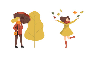 Autumn Time Outdoor Activities Set, Young Women Walking with Umbrella, Throwing Leaves Up Flat Vector Illustration