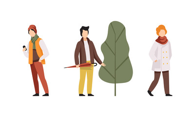 Autumn Time Activities Set, Young Men Wearing Outwear Casual Clothes Walking in Park Flat Vector Illustration