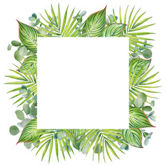 Frame with watercolor tropical leaves and branches