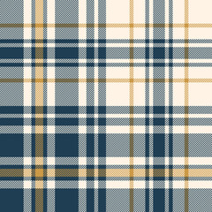 Plaid pattern for flannel shirt in blue, gold, off white. Seamless large asymmetric tartan check plaid vector for shirt, blanket, duvet cover, other modern spring summer autumn winter fashion print.