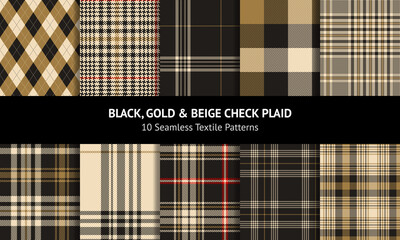 Tartan check pattern set in gold brown, beige, black, red. Seamless neutral check plaid for flannel shirt, duvet cover, dress, skirt, other modern spring summer autumn winter fashion fabric print. - obrazy, fototapety, plakaty