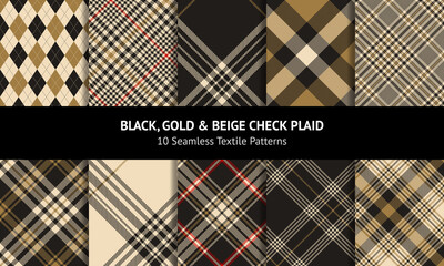 Check pattern set in gold brown, beige, black, red. Seamless neutral tartan plaid background graphics for flannel shirt, duvet cover, dress, skirt, other modern autumn winter fashion textile print. - obrazy, fototapety, plakaty