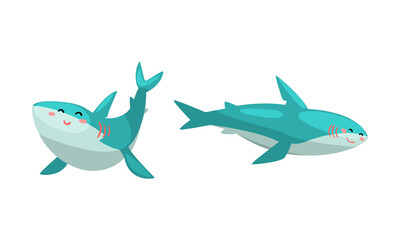 Friendly Sharks set, Amusing Sea Animal with Cute Face Expression Cartoon Vector Illustration