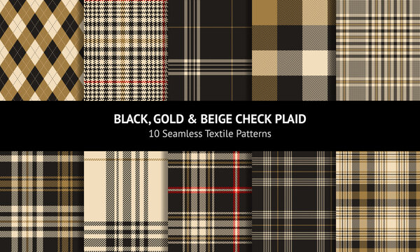 Tartan check pattern set in gold brown, beige, black, red. Seamless neutral check plaid for flannel shirt, duvet cover, dress, skirt, other modern spring summer autumn winter fashion fabric print.