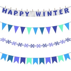 Obraz premium Winter set of garlands in blue colors. Flags, snowflakes and letters decorations. Vector isolated on white background. Flat style.