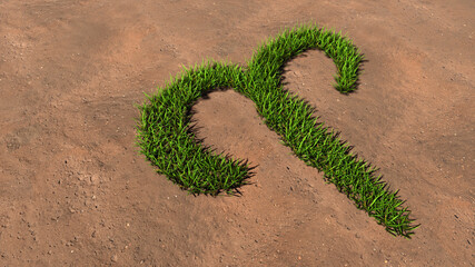 Concept conceptual green summer lawn grass symbol shape on brown soil or earth background, sign of aries zodiac sign. 3d illustration symbol for esoteric, mystic, the power of prediction of astrology