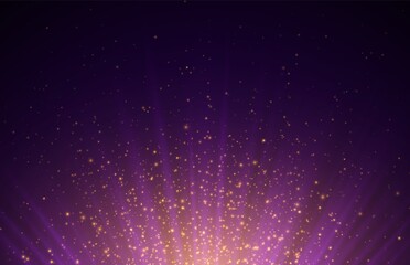 Violet background with purple rays and glowing yellow sparkles. Abstract backdrop with light effects.