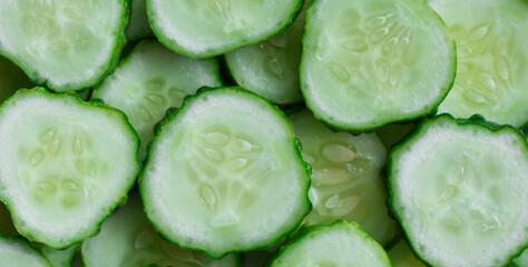 Sliced fresh green cucumber background close up