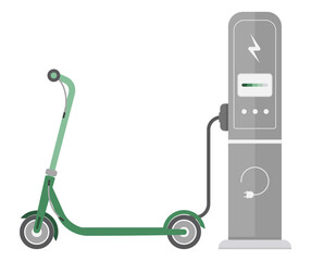 Ecological transport powered by energy sources. The electric scooter is charged from a power source. Vector illustration isolated on white background.