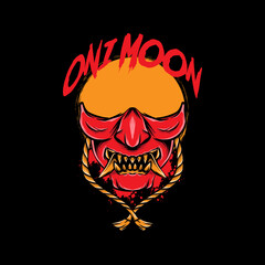 spooky moon oni mask on black background