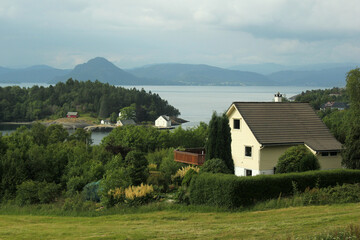 View of Heroysund village in Kvinnherad municipality in Vestland county, Norway.
