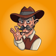 A cowboy with a hat waves his hand