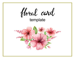 Card template. Floral frame with pink watercolor detailed flowers. Pink blossom with green leaves. Greeting card, invitation and wedding stationery with copy space and lettering text floral card