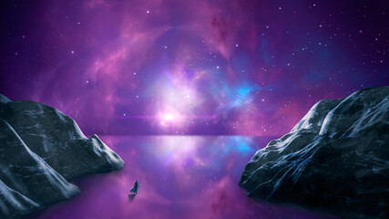Magician standing in sci-fi mountain canyon landscape on reflection surface with nebula, star and sun. Digital painting illustration. Element furnished by NASA. 3d rendering