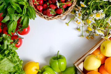 Clean healthy eating habits concept. Fruits, greens & vegetables mix, juicy organic detox smoothie ingredients, isolated background. Vegan vegetarian diet food. Flat lay, copy space, top view.