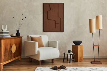 Stylish composition of modern cozy living room interior with structure painting , beige armchair,...