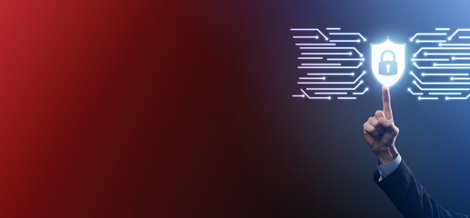 Cyber security network. Padlock icon and internet technology networking. Businessman protecting data personal information on tablet and virtual interface. Data protection privacy concept. GDPR. EU