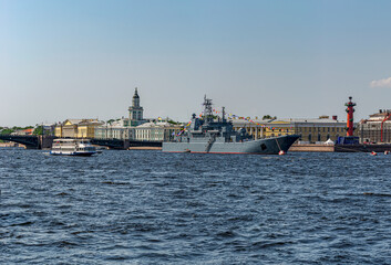 Water area of the Neva River. St. Petersburg. Russia. July 18, 2021. View of warships from the Palace Embankment of St. Petersburg on the eve of the holiday of the Russian Navy Day.