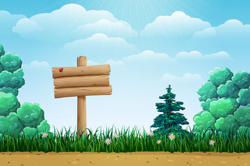 Wooden sign on summer landscape. sunny day scene with signboard on green glade in forest or park. cartoon nature banner or background. vector illustration of beautiful woodland with trees, flowers.