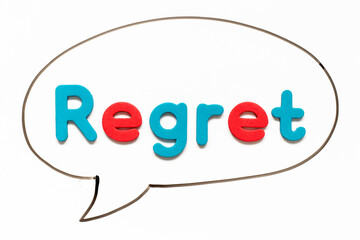 Fototapeta premium Alphabet letter with word regret in black line hand drawing as bubble speech on white board background