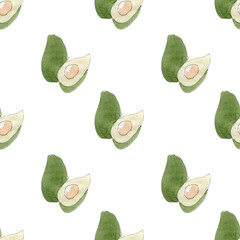 Watercolor illustration seamless pattern, print avacado on white background