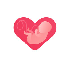 Mother love concept. Vector flat illustration. Fetus with placenta cord inside heart shape symbol isolated on white background. Design for family planning.