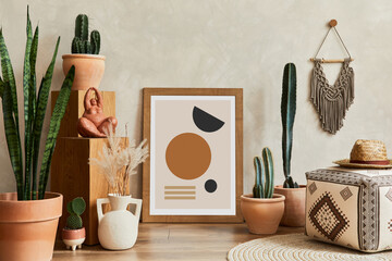 Creative composition of stylish living room interior with mock up poster frame, cacti and personal...