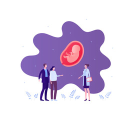 Family planning concept. Vector flat people illustration. Father and mother on appointment with female doctor. Embryo in uterus. Design for health care, pharmacology, gynecology, infertility treatment